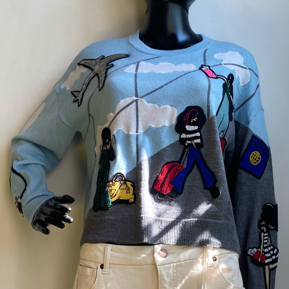 Alice + Olivia Sky Blue and Gray Travel Patch Crewneck Sweater